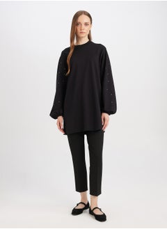 DeFacto Regular Fit Black Crew Neck Balloon Sleeve Long Tunic With Stone Detail  - Image 3
