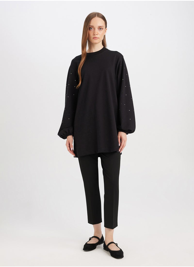 DeFacto Regular Fit Black Crew Neck Balloon Sleeve Long Tunic With Stone Detail  - Image 3