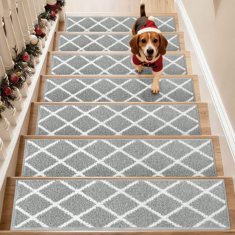 COSY HOMEER Edging Stair Treads Non-Slip Carpet Mat 28inX9in Indoor Stair Runners for Wooden Steps, Stair Rugs for Kids and Dogs, 100% Polyester TPE Backing 15pcs,Grey - Image 1