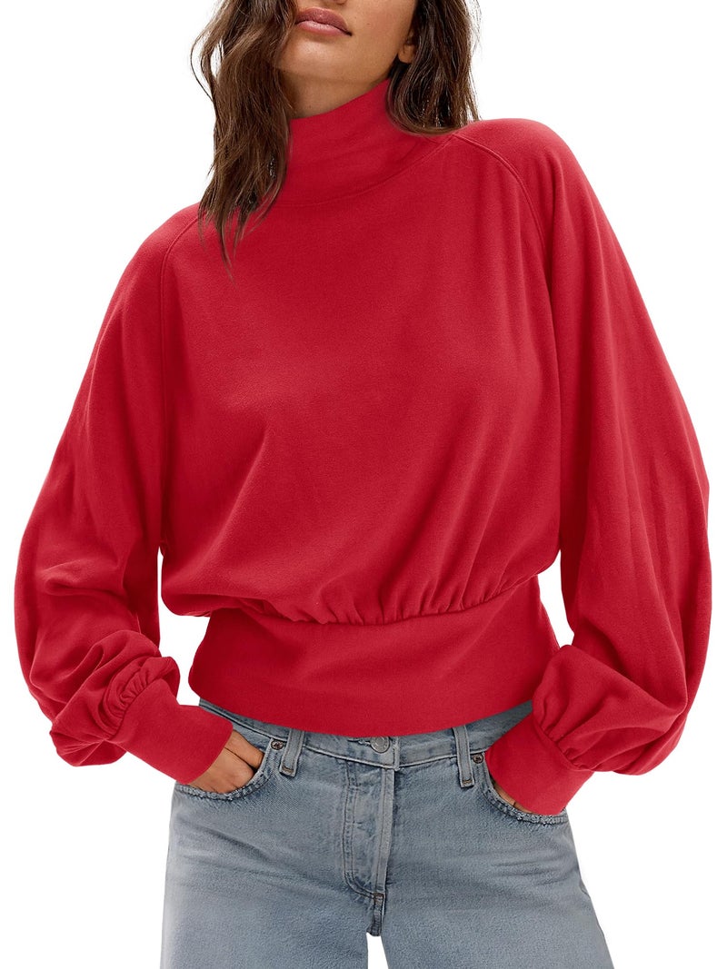 Yanekop Womens Turtleneck Tops Mock Neck Long Sleeve Shirts Oversized Cropped Sweatshirts Loose Fitting Pullover Tops(Red,S) - Image 2