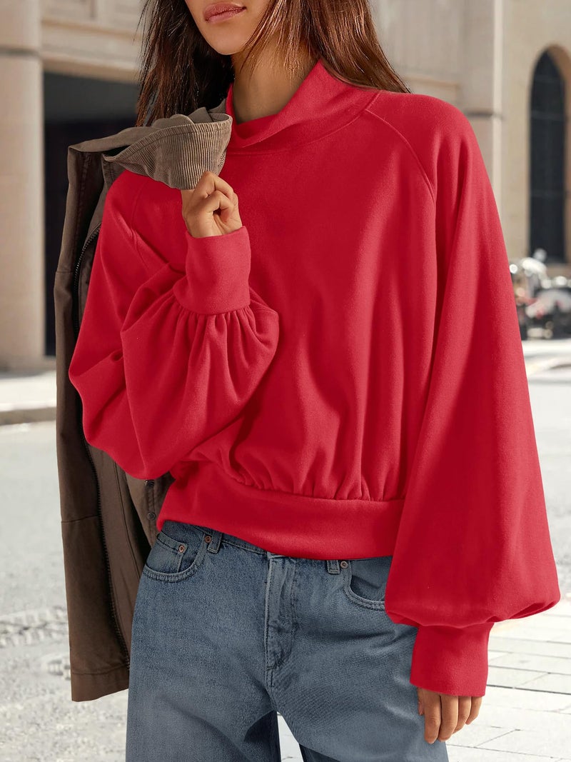 Yanekop Womens Turtleneck Tops Mock Neck Long Sleeve Shirts Oversized Cropped Sweatshirts Loose Fitting Pullover Tops(Red,S) - Image 3