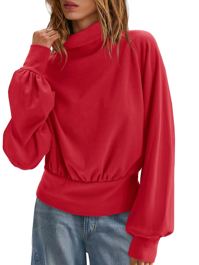 Yanekop Womens Turtleneck Tops Mock Neck Long Sleeve Shirts Oversized Cropped Sweatshirts Loose Fitting Pullover Tops(Red,S) - Image 1