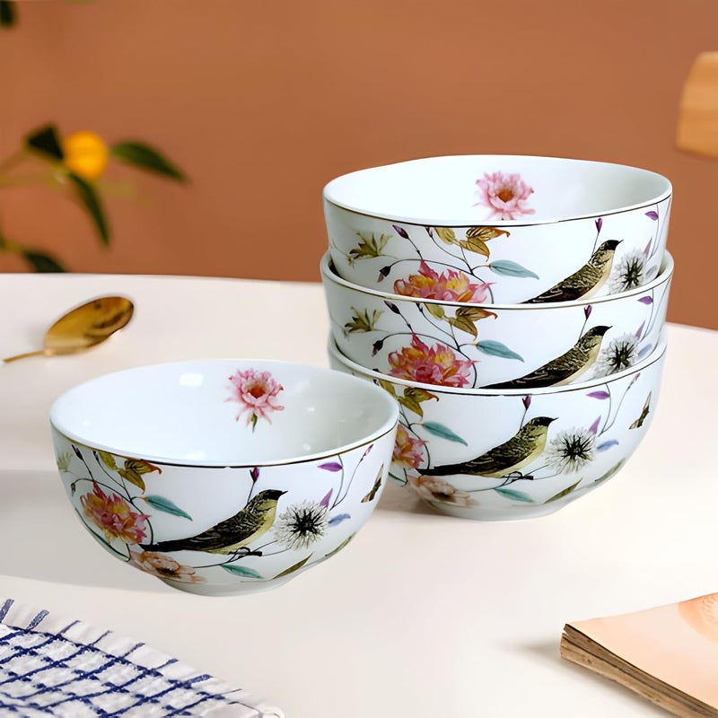 Lemon Tree Round Shape Ceramic Snack Bowl with Floral Bird Print Gold Line Decal 4 Piece Set Lightweight Ideal for Serving Snacks Dry Fruits Nuts Desserts Cookies White - Image 1