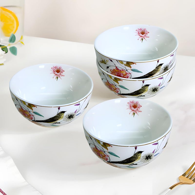 Lemon Tree Round Shape Ceramic Snack Bowl with Floral Bird Print Gold Line Decal 4 Piece Set Lightweight Ideal for Serving Snacks Dry Fruits Nuts Desserts Cookies White - Image 3