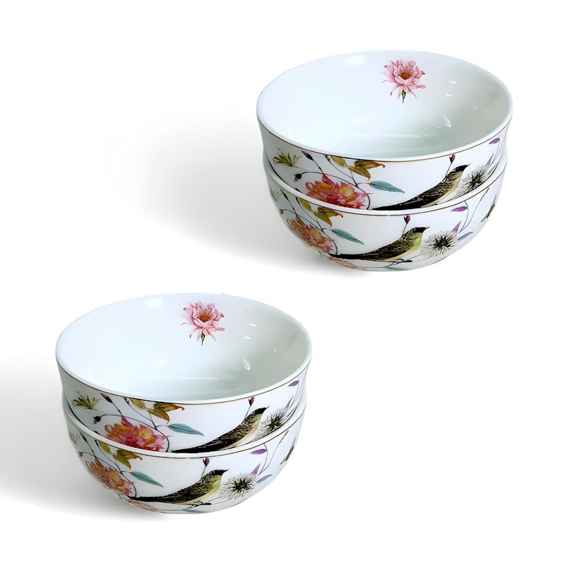 Lemon Tree Round Shape Ceramic Snack Bowl with Floral Bird Print Gold Line Decal 4 Piece Set Lightweight Ideal for Serving Snacks Dry Fruits Nuts Desserts Cookies White - Image 2
