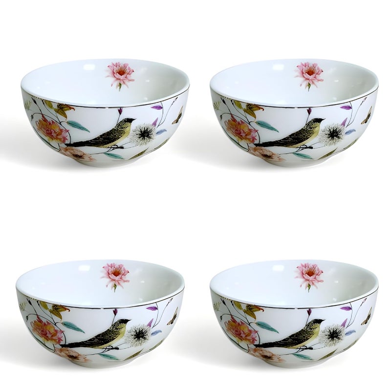 Lemon Tree Round Shape Ceramic Snack Bowl with Floral Bird Print Gold Line Decal 4 Piece Set Lightweight Ideal for Serving Snacks Dry Fruits Nuts Desserts Cookies White - Image 4
