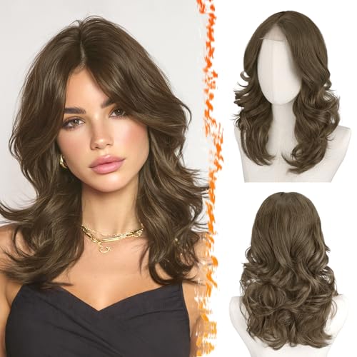 BARSDAR Short Wavy Light Brown Wig Shoulder Length Wavy Brown Layered Wigs for Women Short Loose Wave Textured Layered FaceFraming Curtain Bangs Wig Soft Synthetic Natural Looking Daily Party - Image 1