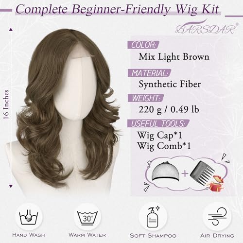 BARSDAR Short Wavy Light Brown Wig Shoulder Length Wavy Brown Layered Wigs for Women Short Loose Wave Textured Layered FaceFraming Curtain Bangs Wig Soft Synthetic Natural Looking Daily Party - Image 3