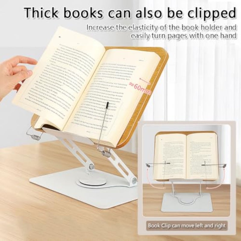 Book Stand for Reading, Adjustable Book Holder with 360° Rotating Base, Foldable Desktop Page Paper Clips Cookbook Textbook Stand Hands Free for Music Scores, Recipe, Magazine, Tablet, Laptop-Brown - Image 4