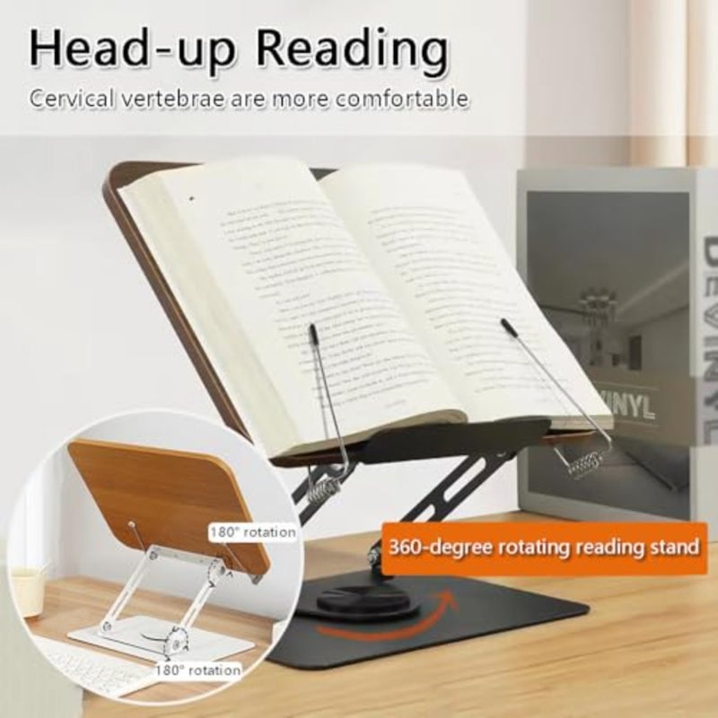 Book Stand for Reading, Adjustable Book Holder with 360° Rotating Base, Foldable Desktop Page Paper Clips Cookbook Textbook Stand Hands Free for Music Scores, Recipe, Magazine, Tablet, Laptop-Brown - Image 2