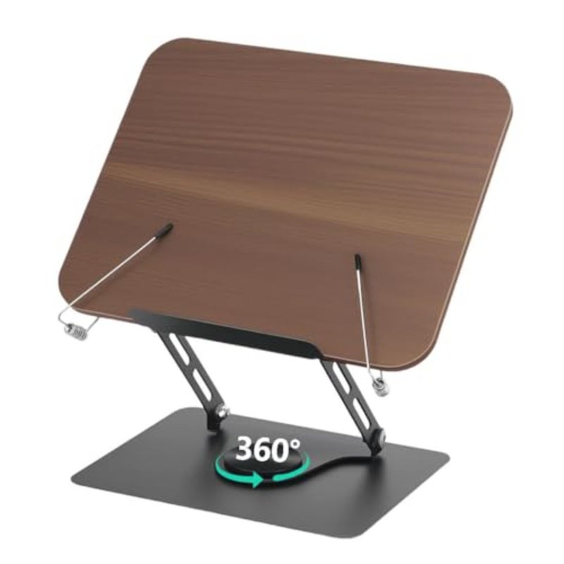 Book Stand for Reading, Adjustable Book Holder with 360° Rotating Base, Foldable Desktop Page Paper Clips Cookbook Textbook Stand Hands Free for Music Scores, Recipe, Magazine, Tablet, Laptop-Brown - Image 1