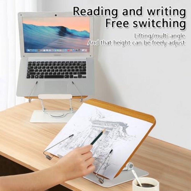 Book Stand for Reading, Adjustable Book Holder with 360° Rotating Base, Foldable Desktop Page Paper Clips Cookbook Textbook Stand Hands Free for Music Scores, Recipe, Magazine, Tablet, Laptop-Brown - Image 5