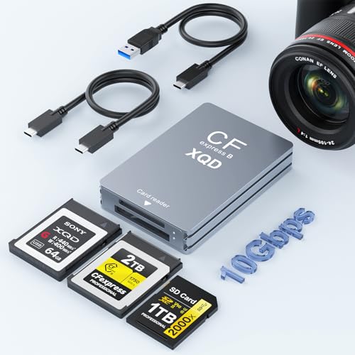Rocketek CFexpress Type B/XQD/SD Card Reader, Aluminum Dual-Slot USB 3.2 (Gen 2) 10Gbps CF Express Card Adapter with USBC to USBC-A/C Cable,CFexpress Type B Card Memory Reader for Windows/Mac/Android/Linux - Image 1