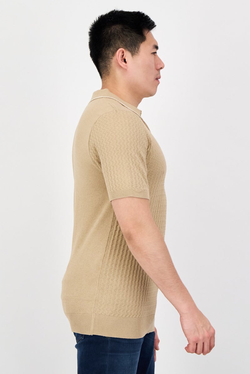 Threadbare Men Regular Fit Textured Short Sleeve Polo Shirt, Tan - Image 2