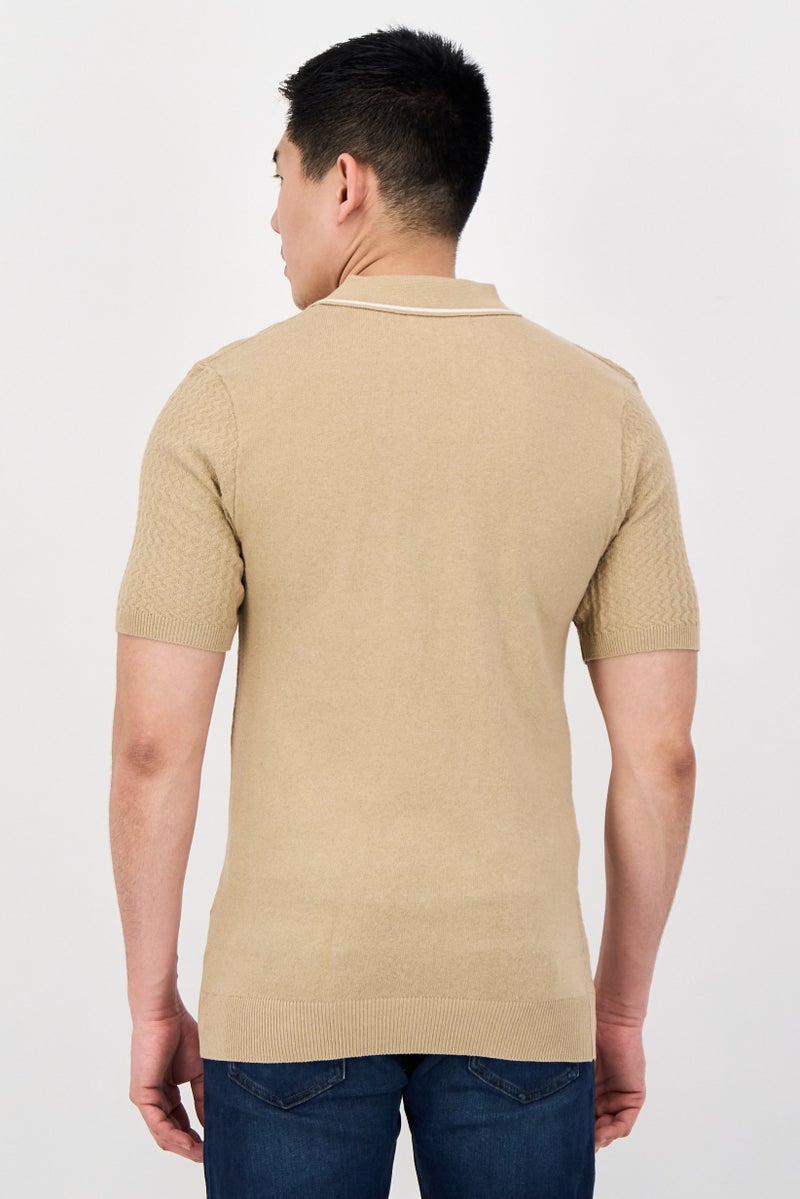Threadbare Men Regular Fit Textured Short Sleeve Polo Shirt, Tan - Image 3