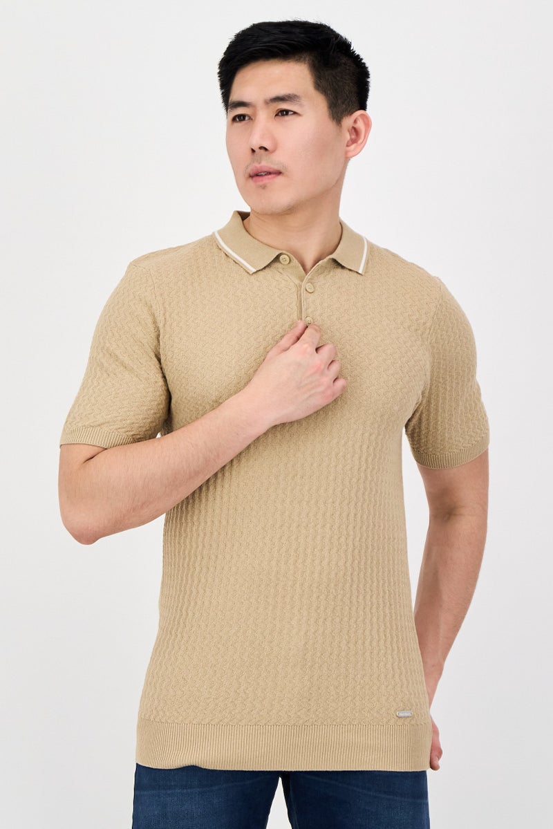 Threadbare Men Regular Fit Textured Short Sleeve Polo Shirt, Tan - Image 1