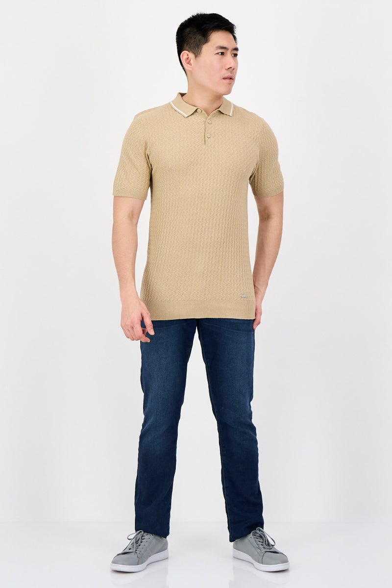 Threadbare Men Regular Fit Textured Short Sleeve Polo Shirt, Tan - Image 4