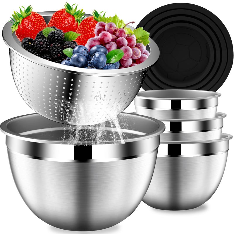 DUTZUN Mixing Bowls with Lids Set, Stainless Steel Nesting Bowls with 3.2 QT Colander, Kitchen Bowls with Strainer, Non-Slip Bottoms, Size 4, 2.5, 2, 1.5QT - Black - Image 1
