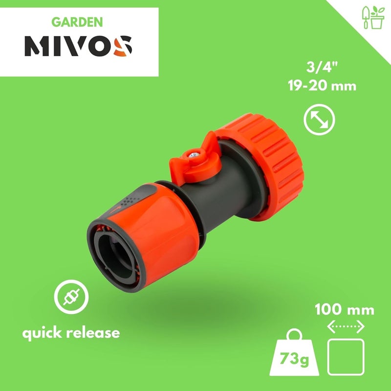 MIVOS موصلان سريعان من مع صمام تنظيم لخرطوم المياه 3/4 بوصة (20 مم)، اقتران خرطوم مع صمام كروي، وصلات مع إيقاف الماء لخراطيم الحديقة 3/4 بوصة - Image 3