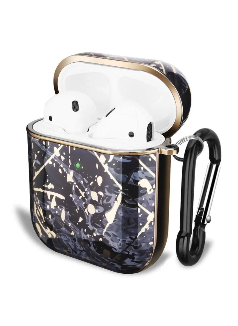 Generic - Protective Hard Case Cover Compatible with AirPods 2/1 Generation Skin Portable & Shockproof Women Girls Men with Keychain (Black and Gold) - Image 1