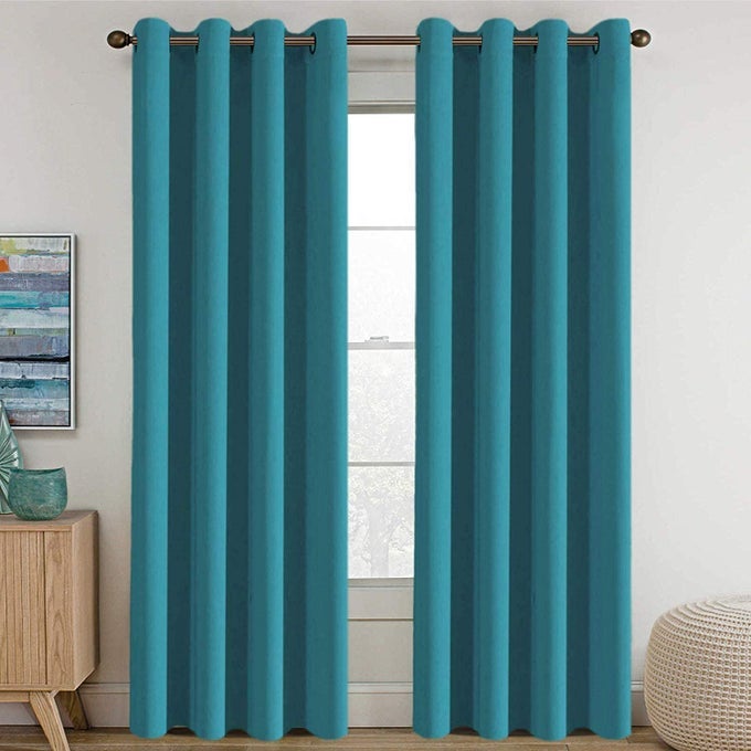 BLACKOUT CURTAIN FOR BEDROOM OR LIVING ROOM DARKENING CURTAINS FOR LONG DOOR 9 FEET SET OF 2 PLAIN CURTAINS FOR DOOR 9 FT TEAL BLUE 2 PIECE