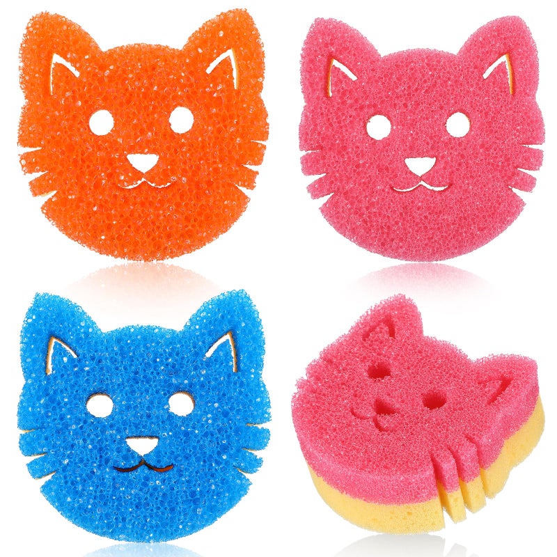 FillTouch 3 Pcs Dual Sided Scrub Sponge Multi Functional Cute Temperature Sensitive Non Scratch Dish Sponge for Washing Dishes Kitchen Bathroom(Cat,Pink, Orange, Blue) - Image 1