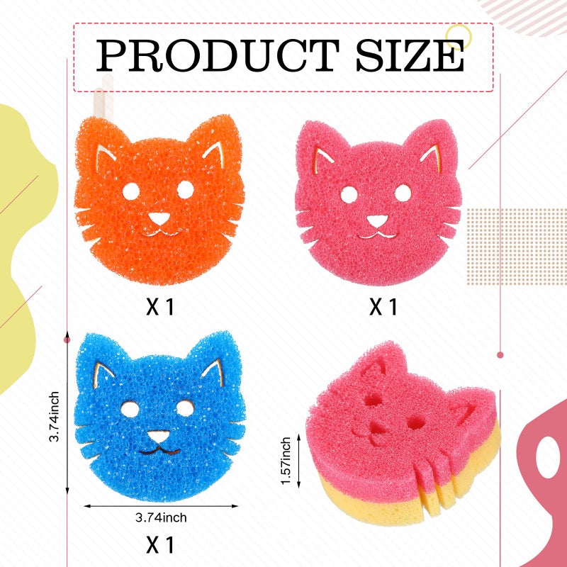 FillTouch 3 Pcs Dual Sided Scrub Sponge Multi Functional Cute Temperature Sensitive Non Scratch Dish Sponge for Washing Dishes Kitchen Bathroom(Cat,Pink, Orange, Blue) - Image 2