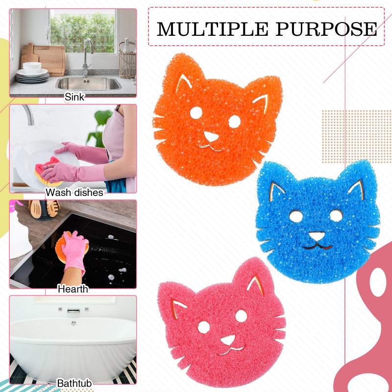 FillTouch 3 Pcs Dual Sided Scrub Sponge Multi Functional Cute Temperature Sensitive Non Scratch Dish Sponge for Washing Dishes Kitchen Bathroom(Cat,Pink, Orange, Blue) - Image 3