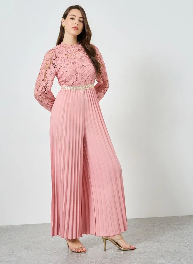 Styli  Pink Lace Pleated Wide Leg Jumpsuit for Women | Best Price UAE