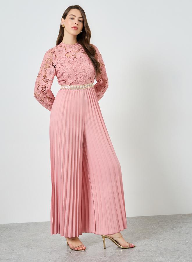 Styli Pink Lace Pleated Wide Leg Jumpsuit - Image 3