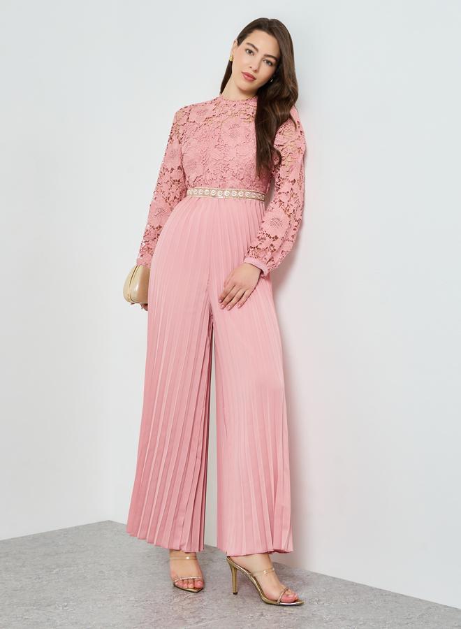 Styli Pink Lace Pleated Wide Leg Jumpsuit - Image 1