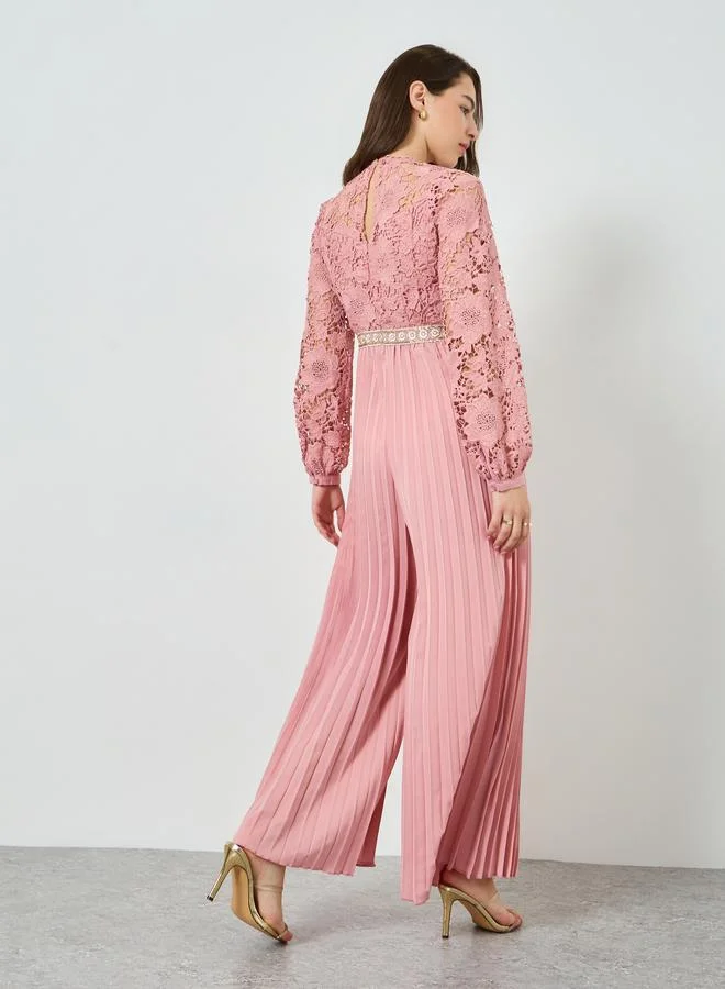 Styli  Pink Lace Pleated Wide Leg Jumpsuit for Women | Best Price UAE