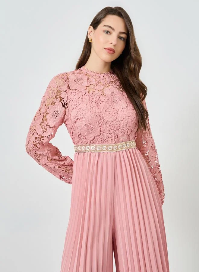 Styli Pink Lace Pleated Wide Leg Jumpsuit