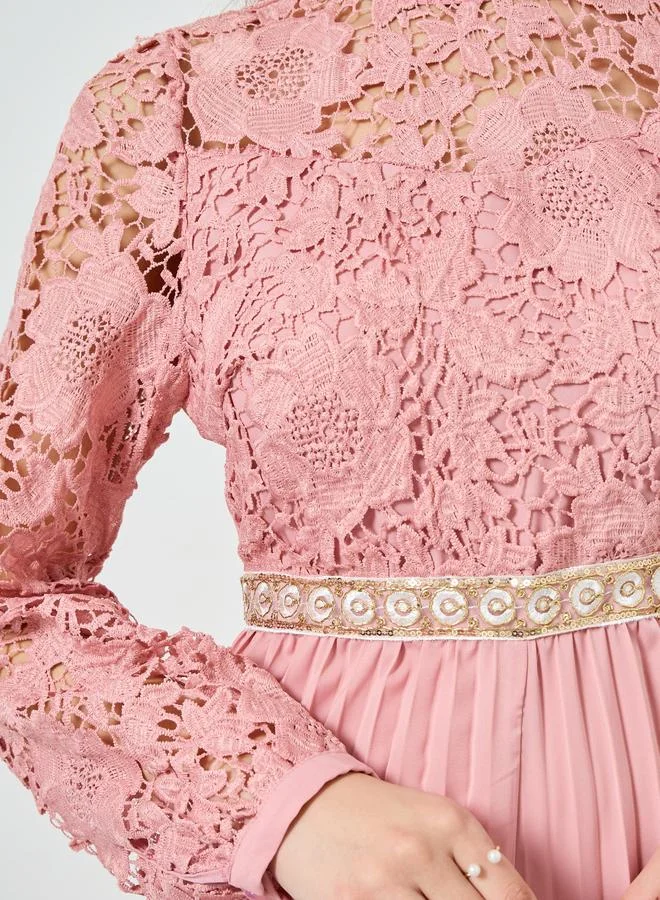 Styli  Pink Lace Pleated Wide Leg Jumpsuit for Women | Best Price UAE