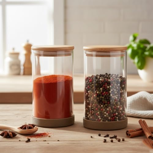Femora Borosilicate Glass Jars with Wooded Lid| 1 Year Warranty| Multipurpose Airtight Storage Jars For Cookies, Snacks, Spices| Glass Jar 1300ml| Set Of 2| Transparent Glass Jars For Kitchen Storage - Image 1