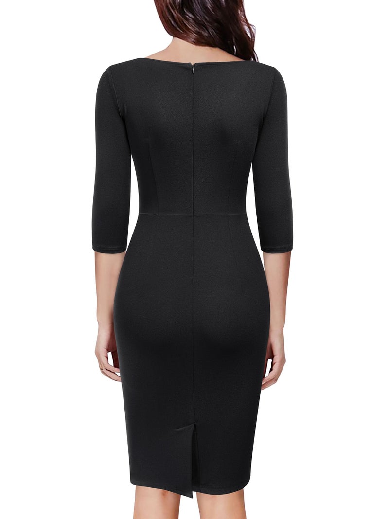 Miusol Women's Retro Ruffle Style 2/3 Sleeve Slim Work Pencil Dress (Large, Black) - Image 2