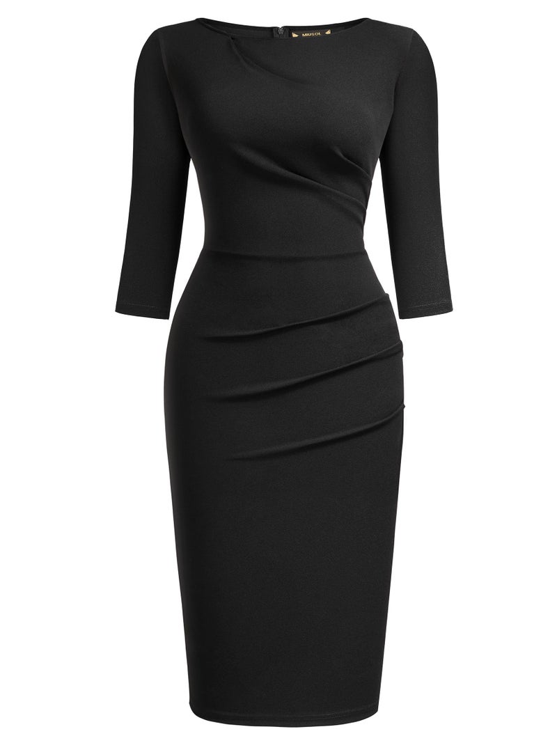 Miusol Women's Retro Ruffle Style 2/3 Sleeve Slim Work Pencil Dress (Large, Black) - Image 4