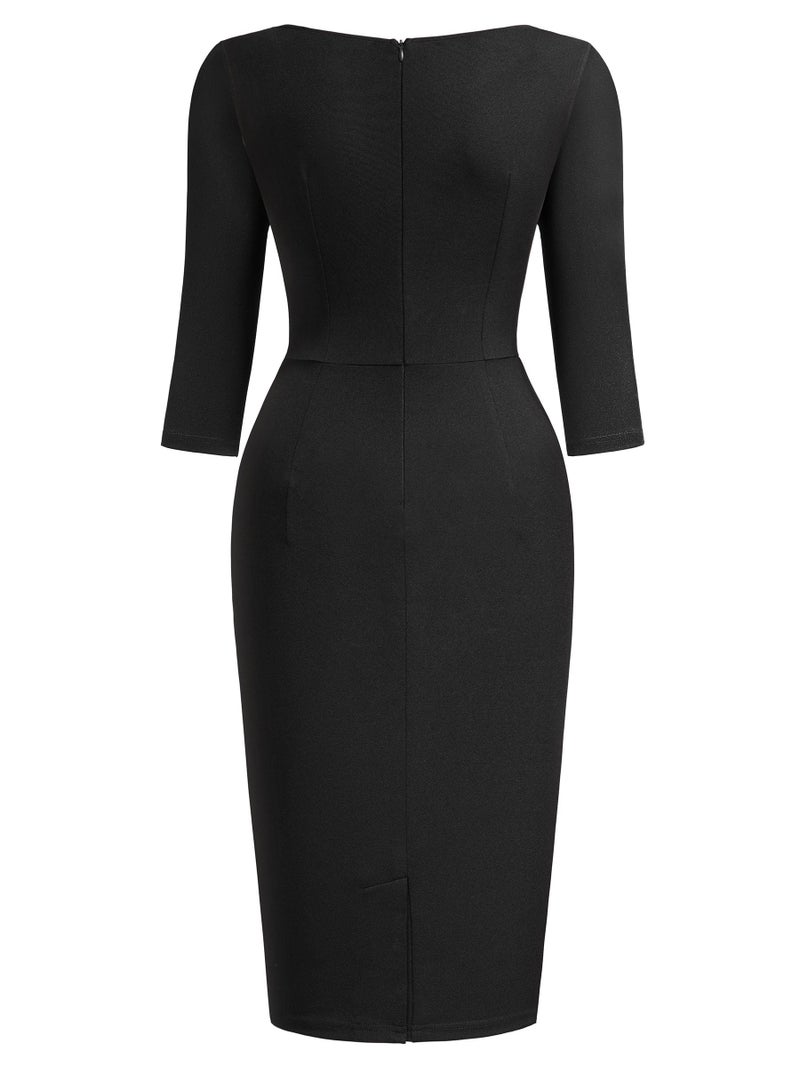 Miusol Women's Retro Ruffle Style 2/3 Sleeve Slim Work Pencil Dress (Large, Black) - Image 5