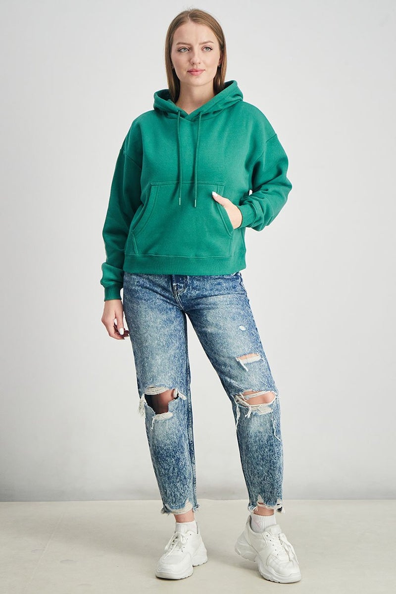 XOXO Women Hooded Front Pocket Plain Sweatshirt, Green - Image 3