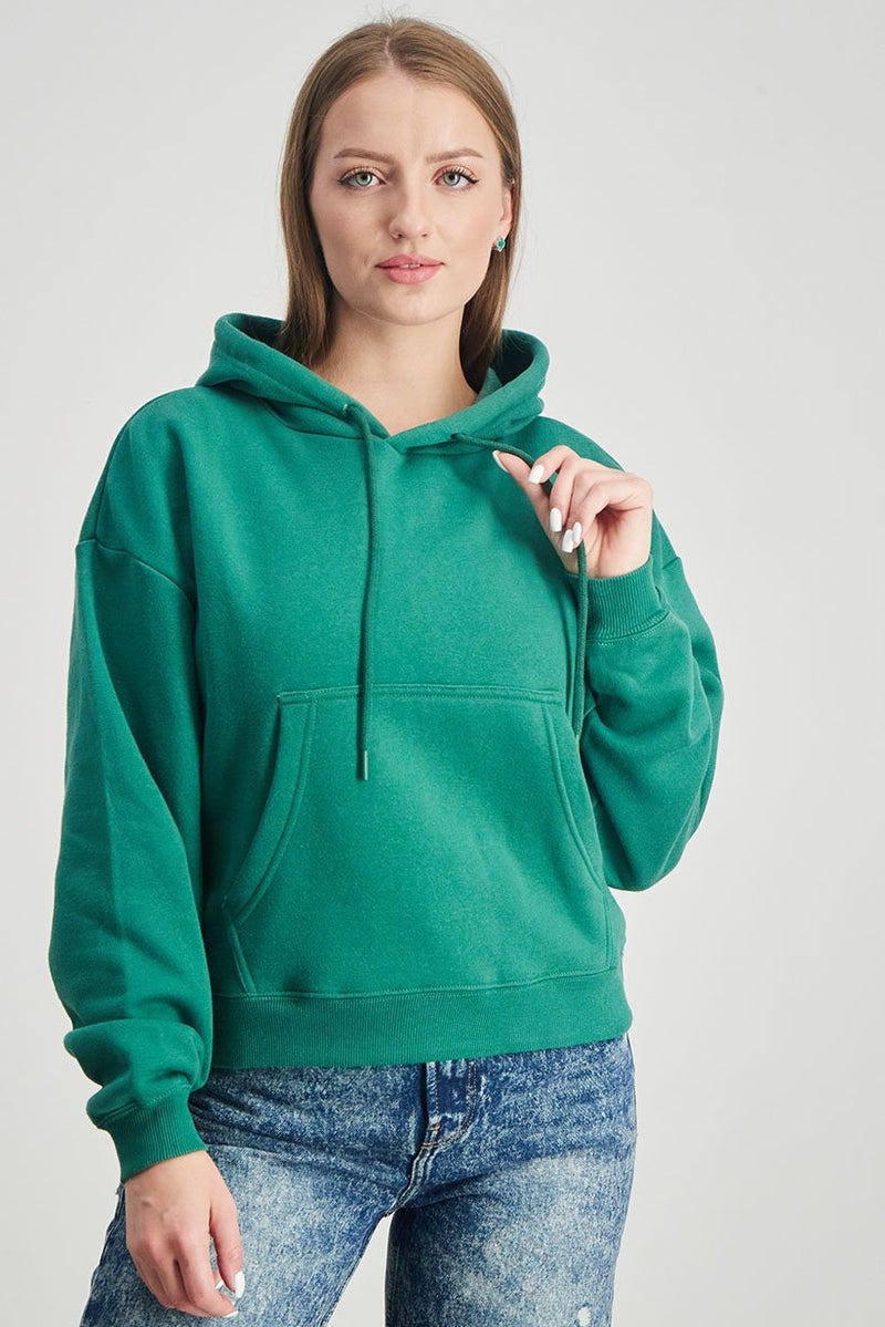 XOXO Women Hooded Front Pocket Plain Sweatshirt, Green - Image 1