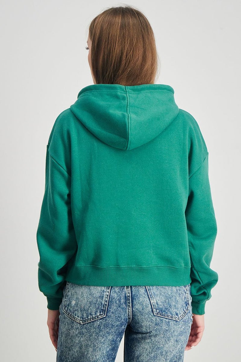 XOXO Women Hooded Front Pocket Plain Sweatshirt, Green - Image 4