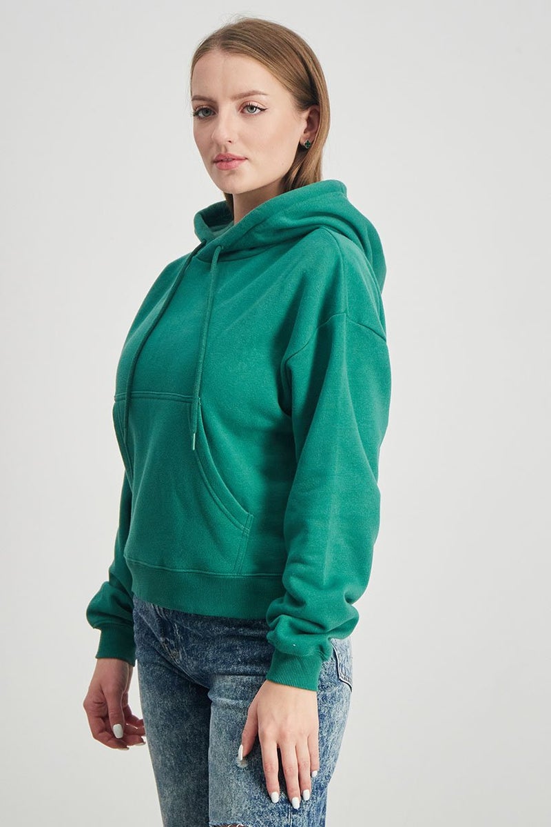 XOXO Women Hooded Front Pocket Plain Sweatshirt, Green - Image 2