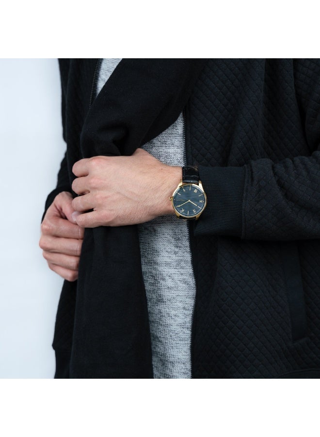 PIERRE CARDIN MEN'S LUXURY GOLD ROUND WATCH - ELEGANT BLACK LEATHER STRAP - Image 2