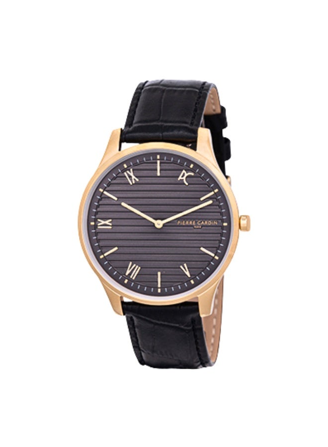 PIERRE CARDIN MEN'S LUXURY GOLD ROUND WATCH - ELEGANT BLACK LEATHER STRAP - Image 1
