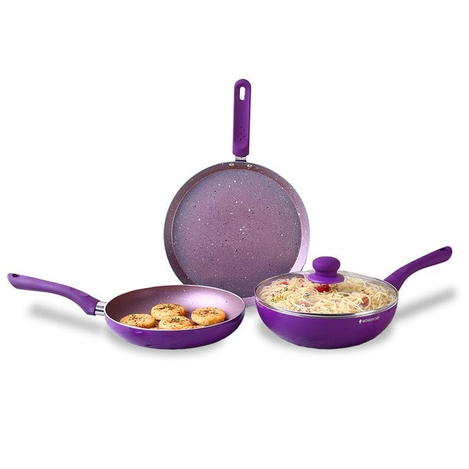 ROYAL VELVET PLUS INDUCTION BASE ALUMINIUM NONSTICK COOKWARE 4-PIECE SET | FRYING PAN, WOK, DOSA, TAWA | PURPLE