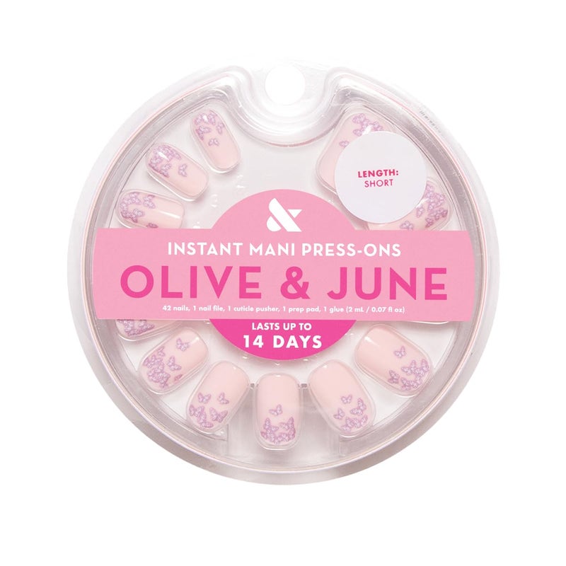 Olive & June Instant Mani Press-On Nails (Glue) | 42 Fake Nails, 21 Sizes | Non-Toxic, Long-Lasting Recycled Materials Realistic Look | Spring Flowers & Patterns | Short, Squoval | Butterfly Ombre - Image 2
