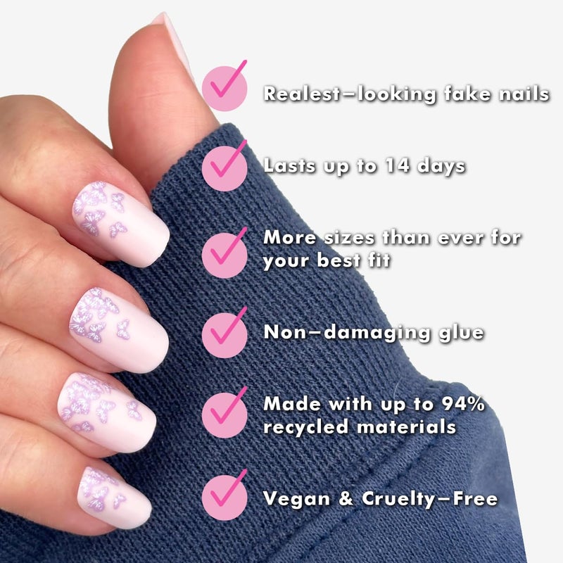 Olive & June Instant Mani Press-On Nails (Glue) | 42 Fake Nails, 21 Sizes | Non-Toxic, Long-Lasting Recycled Materials Realistic Look | Spring Flowers & Patterns | Short, Squoval | Butterfly Ombre - Image 4