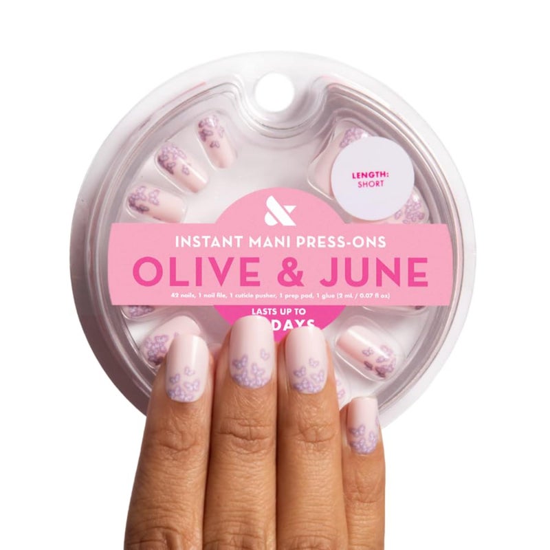 Olive & June Instant Mani Press-On Nails (Glue) | 42 Fake Nails, 21 Sizes | Non-Toxic, Long-Lasting Recycled Materials Realistic Look | Spring Flowers & Patterns | Short, Squoval | Butterfly Ombre - Image 1