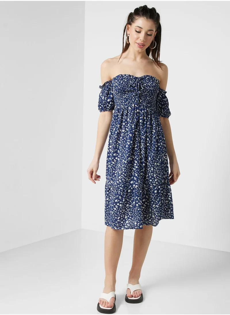 Ginger Off Shoulder Ditsy Floral Print Dress