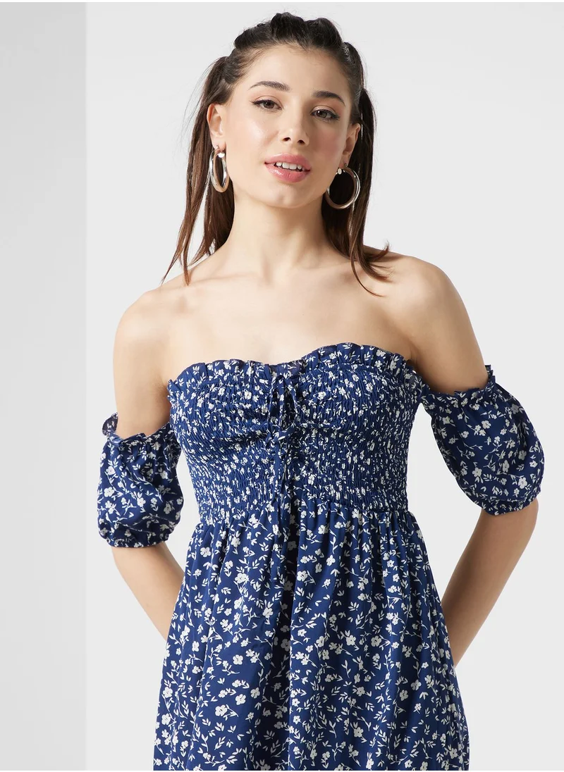 Ginger Off Shoulder Ditsy Floral Print Dress